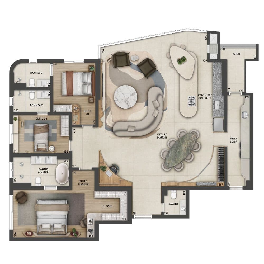 Planta 195 m² · 3 suítes — Botânico