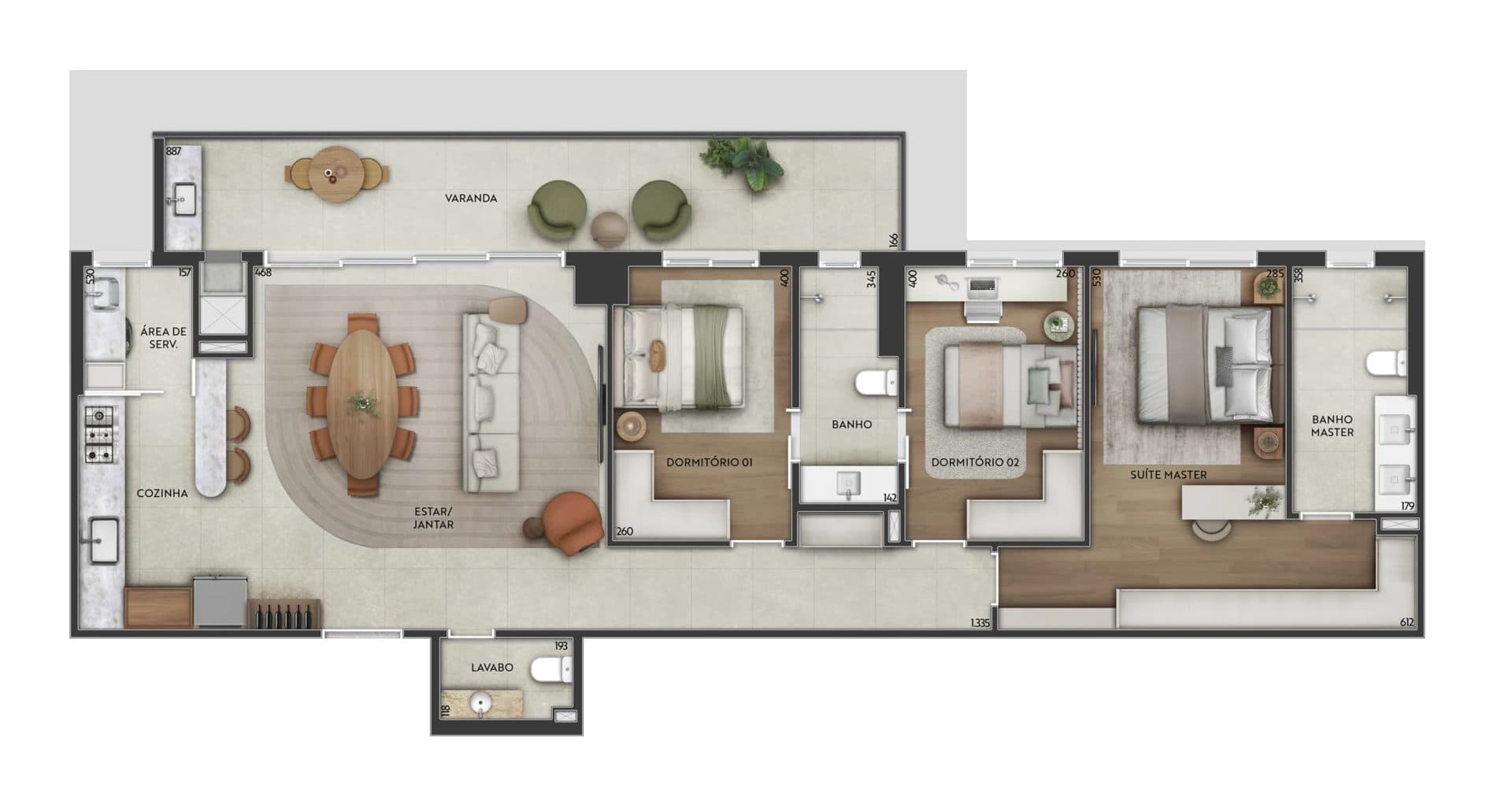 Planta 133 m² · suíte master + demi-suítes — Haikai