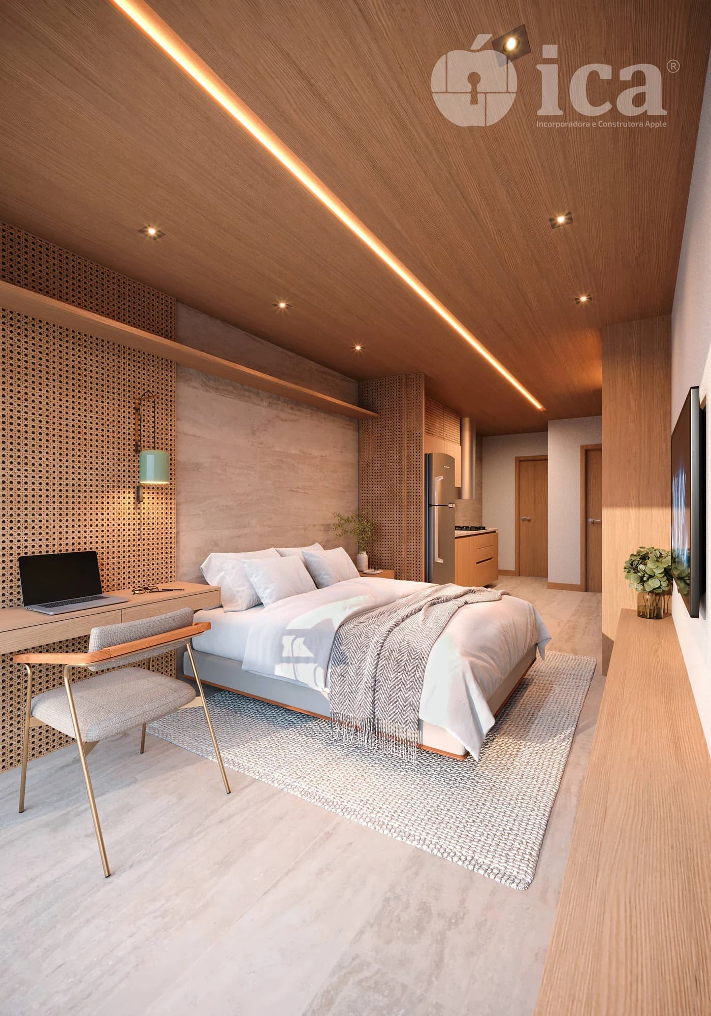 Studio linear com ambientes integrados e acabamento contemporâneo